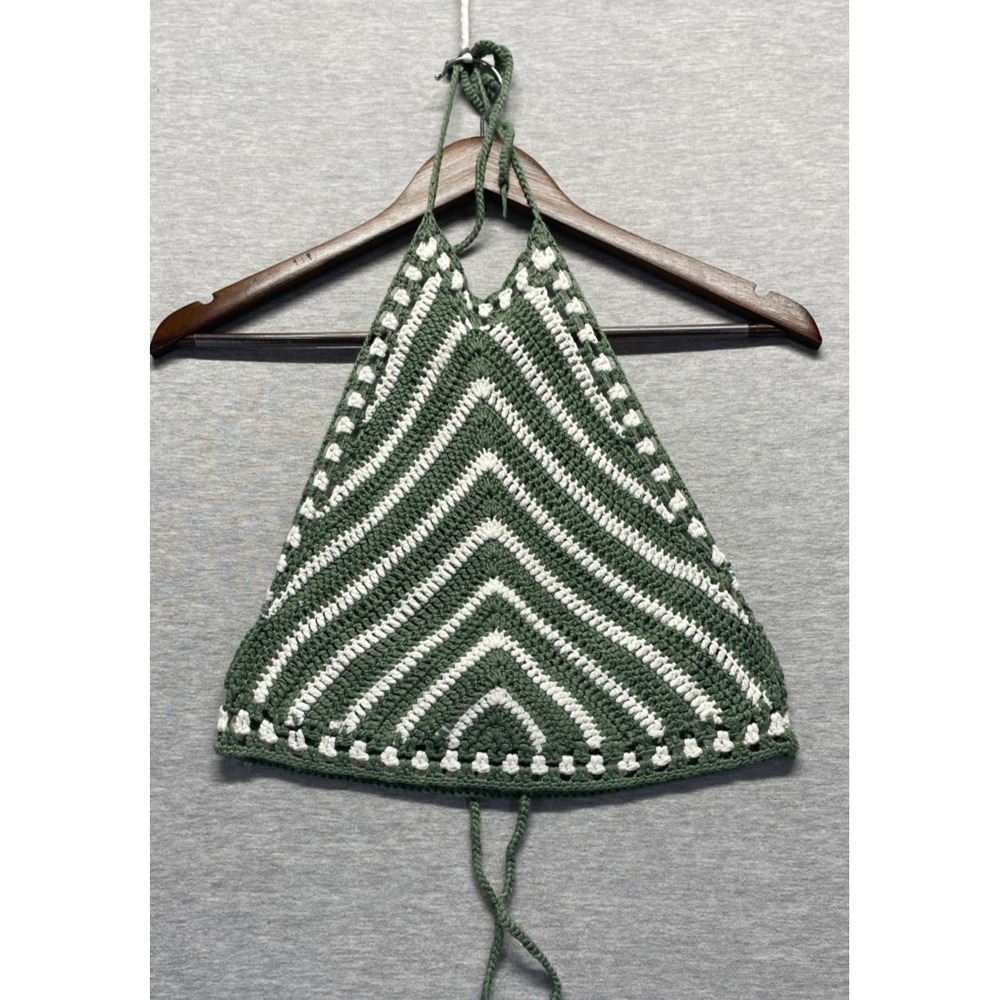 Sans Souci Crochet Cropped Top Womens S/M Olive Green White Acrylic Halter Neck